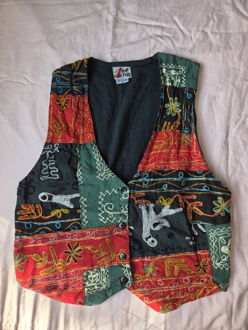 Kaktus Women's Patchwork Embroidered Vest - Red, Green, Black